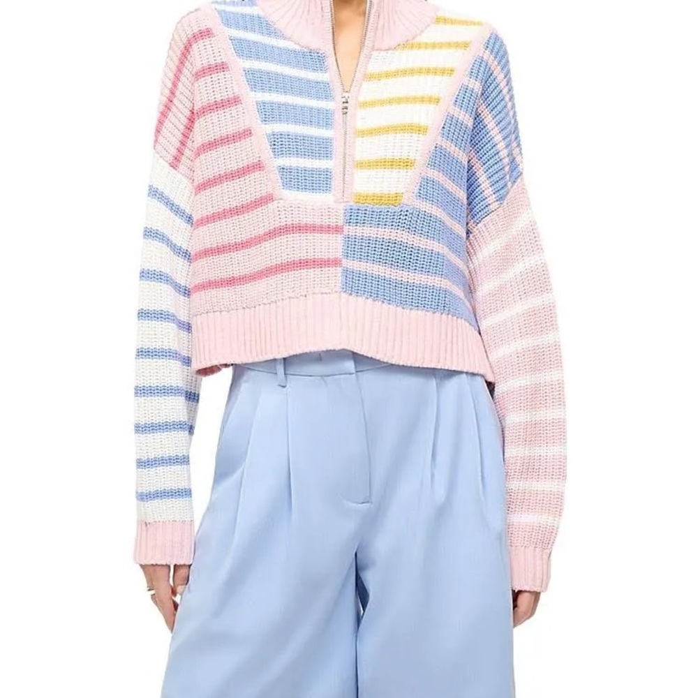 STAUD Hampton Striped Half-Zip Sweater Large pink